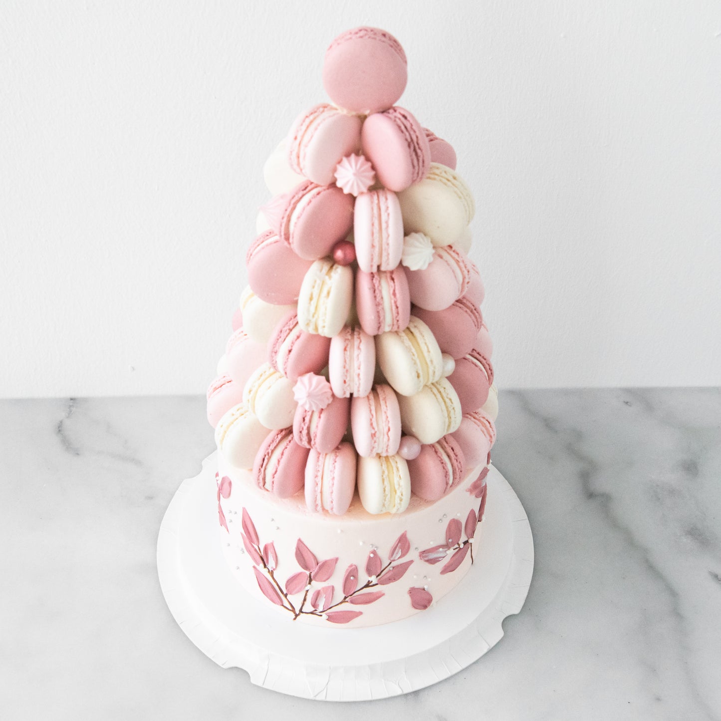 Customized Cake-Pink Ombre Macaron Tower Cake In Gift Box | $258 Nett